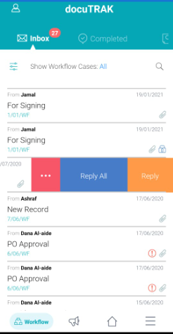 docuTRAK Inbox Page Mobile App Correspondence system